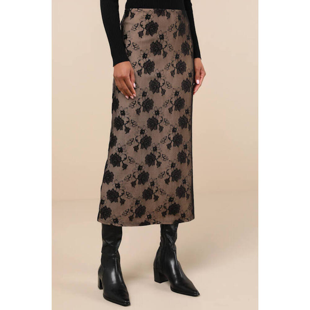 Marvelous Sensation Black and Beige Lace High-Rise Midi Skirt